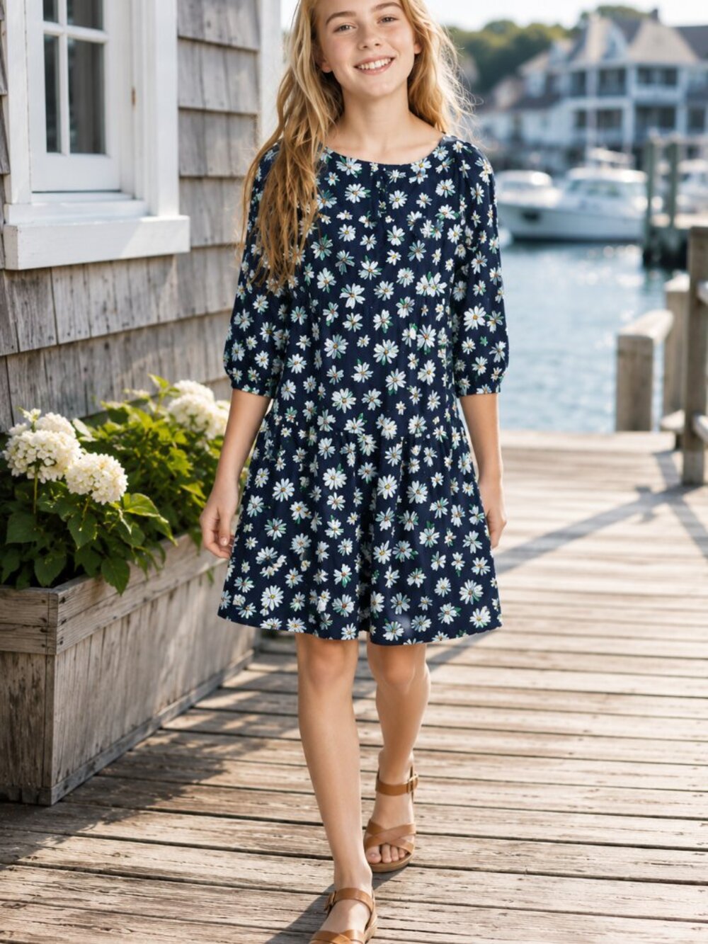 Old Navy Girls Dress Size Large 10 12 Navy Blue Floral Swing Daisy Print NEW